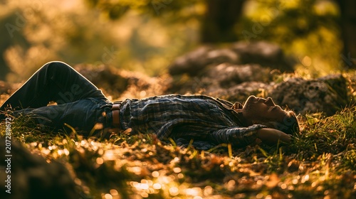 lying person resting in peaceful natural environment relaxation lifestyle concept realistic lighting commercial stock photography