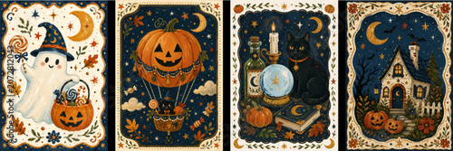 Watercolor painting of a collection of vintage style halloween greeting cards featuring cute spooky illustrations and magical elements, expressive magical artwork. Vector illustration