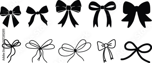 Diverse set of decorative black ribbon bow knot silhouettes in seamless vector pattern isolated on white, concept for gift wrapping, holiday decoration and celebration design