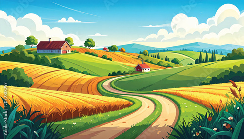 Winding road through green fields landscape.
