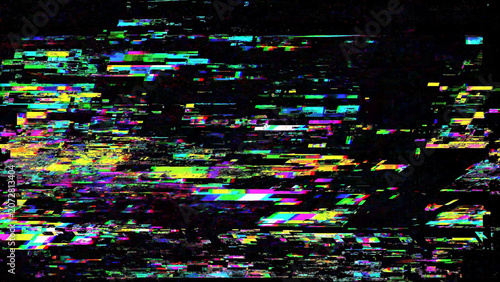 Colorful digital glitch texture with pixel corruption, RGB noise and distorted signal artifacts on black background. Abstract tech background for video effects, cyber design, screen errors