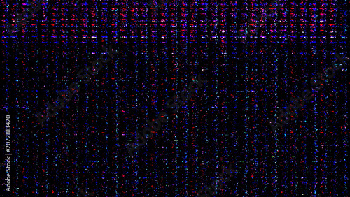 Colorful digital glitch texture with pixel corruption, RGB noise and distorted signal artifacts on black background. Abstract tech background for video effects, cyber design, screen errors