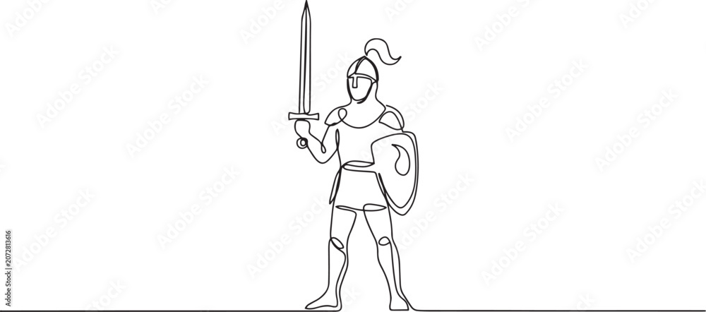 Fototapeta premium One continuous drawing line young man knight with sword in hand. Single hand drawn art line doodle outline. one line Icon drawing