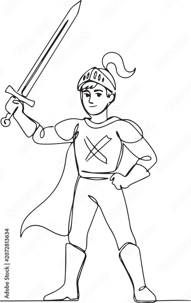 Fototapeta premium One continuous drawing line young man knight with sword in hand. Single hand drawn art line doodle outline. one line Icon drawing