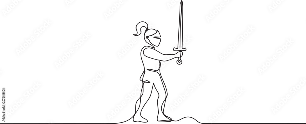 Fototapeta premium One continuous drawing line young man knight with sword in hand. Single hand drawn art line doodle outline. one line Icon drawing