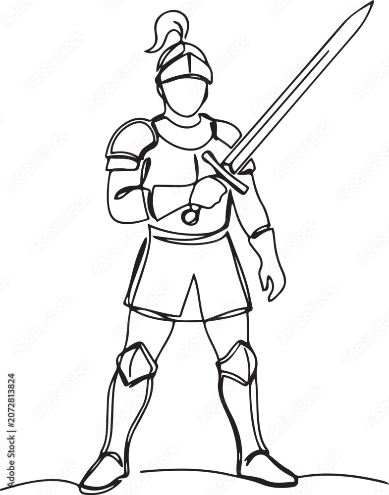 Fototapeta premium One continuous drawing line young man knight with sword in hand. Single hand drawn art line doodle outline. one line Icon drawing