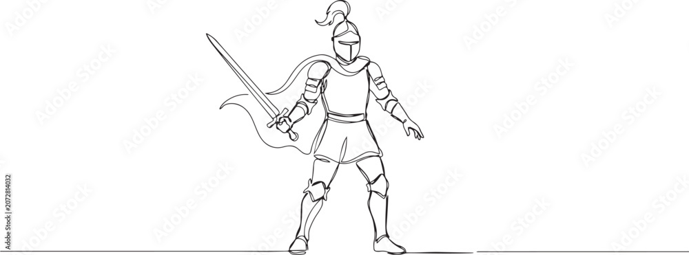 Fototapeta premium One continuous drawing line young man knight with sword in hand. Single hand drawn art line doodle outline. one line Icon drawing