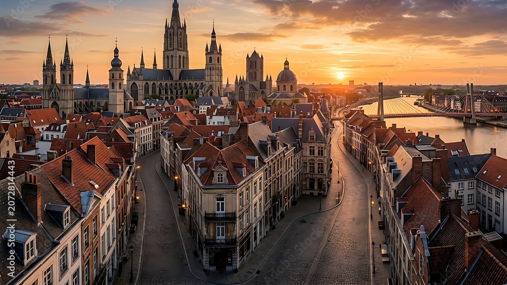 Obraz premium Aerial view of a historic European city skyline with a majestic Gothic cathedral and river at sunset