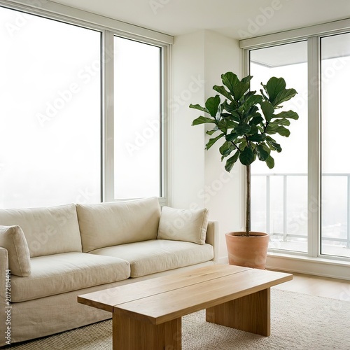 Bright Minimalist Scandinavian Living Room with Fiddle Leaf Fig Plant and Natural Light Interior