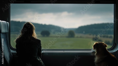 Traveling with a dog on a train while enjoying the view of fields and hills outside