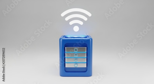 Blue wireless router with wi-fi symbol on top