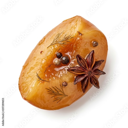 Glossy Poached Pear with Star Anise and Spices on White Background for Gourmet Dessert Concept