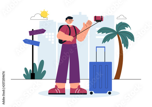 Solo Travel Vector Illustration Featuring Independent Journey, Adventure Tourism, Backpacking Experience, Travel Exploration, and Vacation Lifestyle