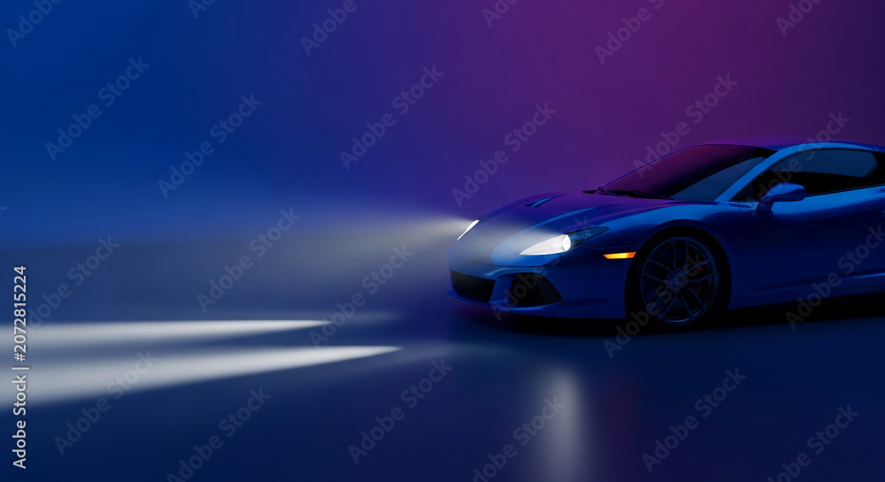 Naklejka premium Sleek blue sports car with illuminated headlights on a gradient dark background, symbolizing speed, luxury, and modern design