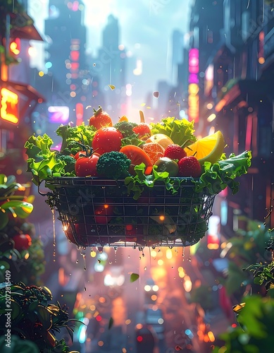 Fresh produce basket in cityscape scene.