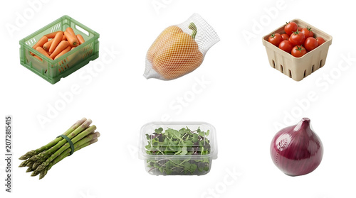 Fresh packaged vegetables and produce isolated on a clean black studio background.