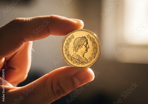 Hand Holding Gold Investment Coin Close Up for Wealth and Finance Concept