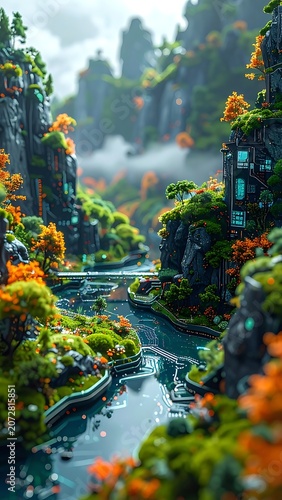 Fantasy landscape with river and foliage.