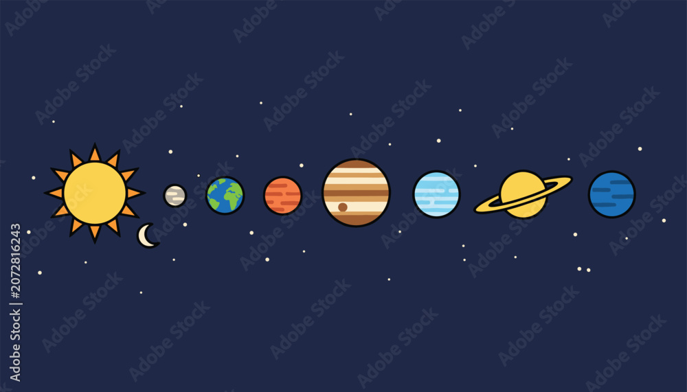 Fototapeta premium Minimalist flat illustration of the solar system showing the sun followed by planets in their orbits against a dark blue outer space background.