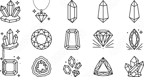 Foto Black line vector icon set of crystal minerals precious gemstones diamonds and m