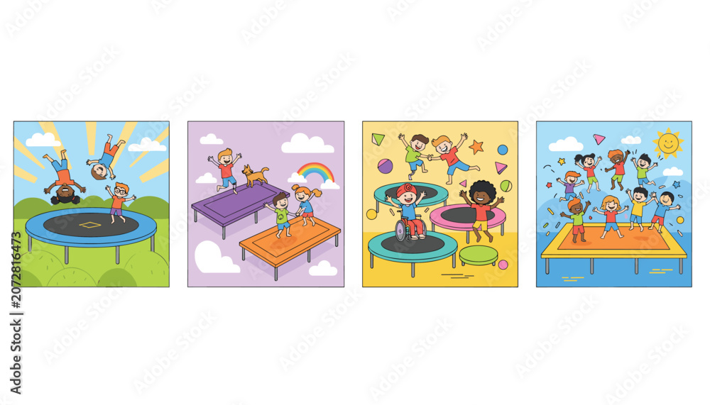 Fototapeta premium Grid of four colorful illustrations showing groups of happy children of all abilities jumping and playing together on various trampolines.