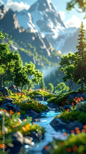 Serene mountain landscape with stream flowers.