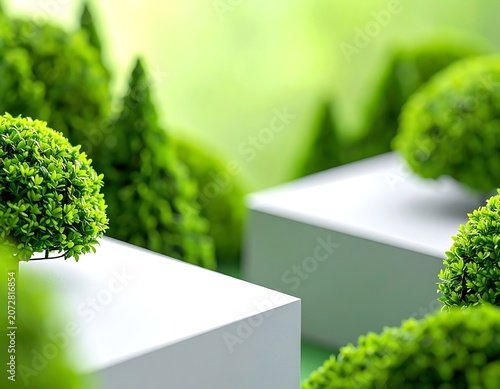 White blocks with green trees on top.