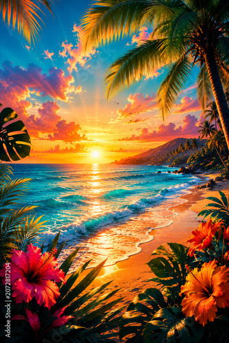 tropical with palm trees and flowers
