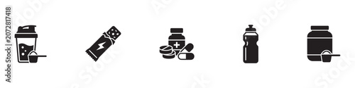 Photos Sports nutrition and fitness supplements icon set