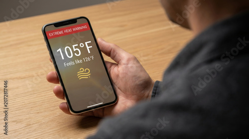 Extreme heat warning phone screen el nino climate danger concept. Warming impact global. science meteorology earth, disaster global warming crisis, climate change storm, heat drought