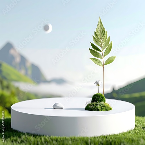 Small green plant on white platform.