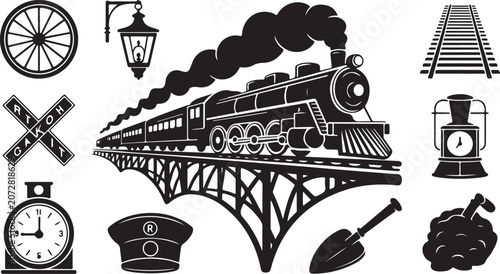 Vintage steam train, railroad icons, black silhouette, industrial symbols, 9 elements