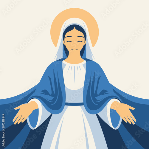 Serene mother mary with outstretched arms in blue robe and white dress surrounded by a golden halo on a cream background