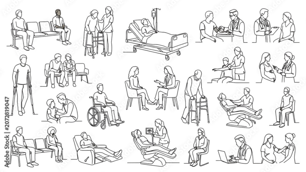 Fototapeta premium Premium Patient Line Art Collection | Healthcare Recovery One-Line Figure Library