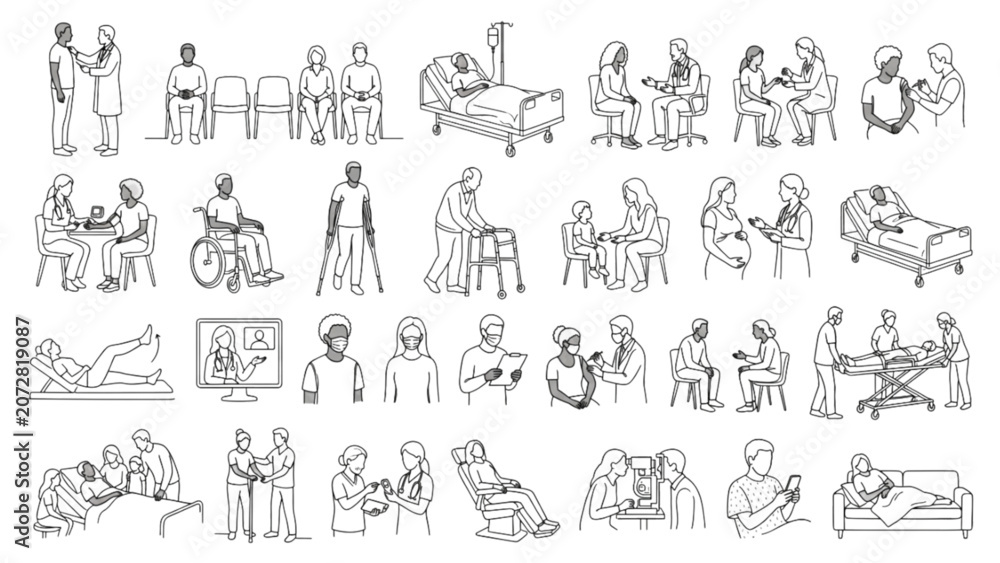 Obraz premium Premium Patient Line Art Collection | Healthcare Recovery One-Line Figure Library