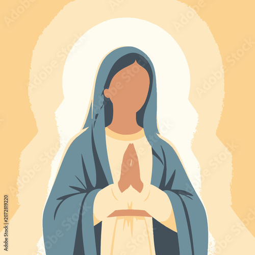 Flat vector illustration of mother mary in prayer with hands clasped and blue cloak on yellow background with white halo