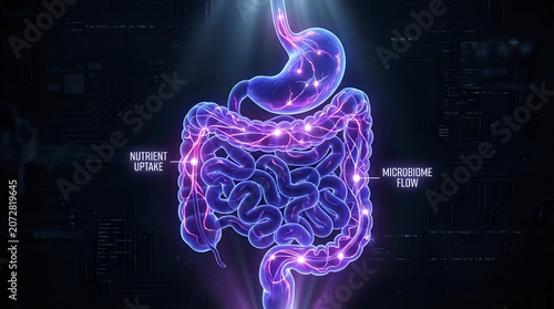 Neon glowing digestive system with stomach and intestines highlighted in purple and blue light, showing microbiome flora and nutrient absorption for medical education and healthcare presentations.