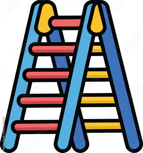 Colorful a-frame stepladder with blue side rails, red and yellow rungs, and thick black outlines on a white background