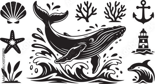 Whale, sea creatures, ocean icons, black and white vector set