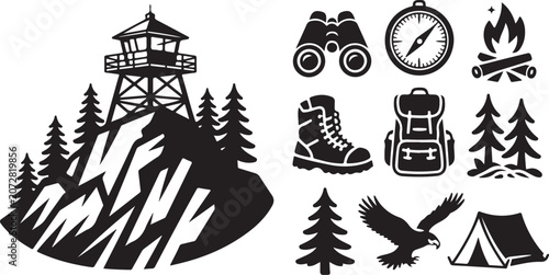 Camping, hiking, wilderness icons, 10 symbol set, vector graphics