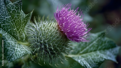 A close-up of a vibrant purple thistle bloom nestled within its spiny green casing