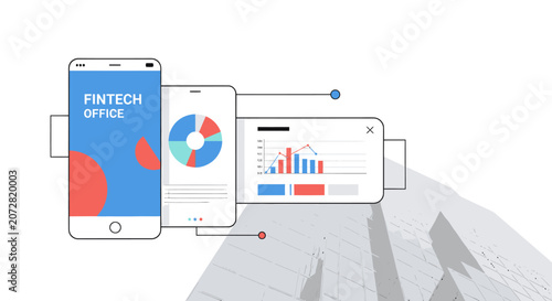 Fintech office concept with mobile phones showing financial charts and graphs, modern technology and business analysis