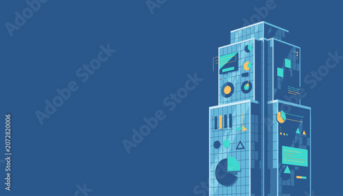 Modern skyscraper building facade with digital data charts and graphs integrated into its design, symbolizing business intelligence