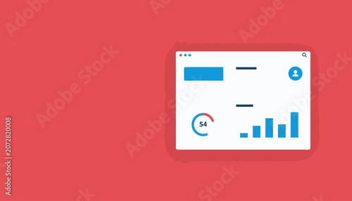Flat design dashboard interface with charts, graphs and user profile icon on a red background