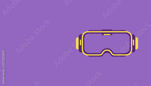 Flat design illustration of a virtual reality headset on a purple background, representing technology and immersive experiences.