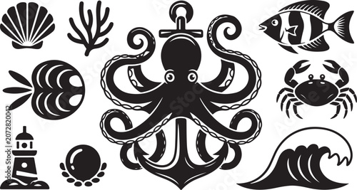 Nautical icons, ocean symbols, sea creatures, black vector set