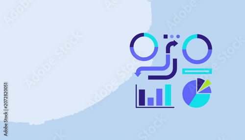 Modern abstract infographic elements with charts, graphs, and data visualization on a light blue background, representing business analytics and strategy.