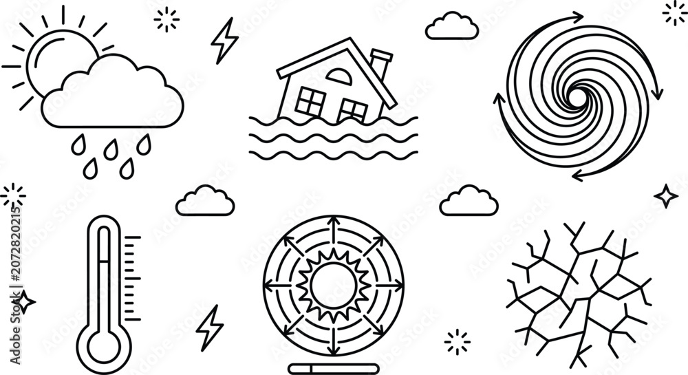 Fototapeta premium Natural disaster and extreme weather line icons set with flood hurricane drought global warming elements
