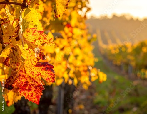 A close-up of colorful leaves in a vineyard during a sunny autumn morning