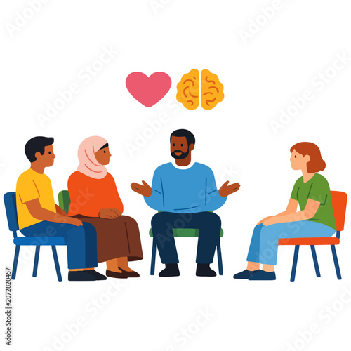 flat design mental health support group diverse characters
